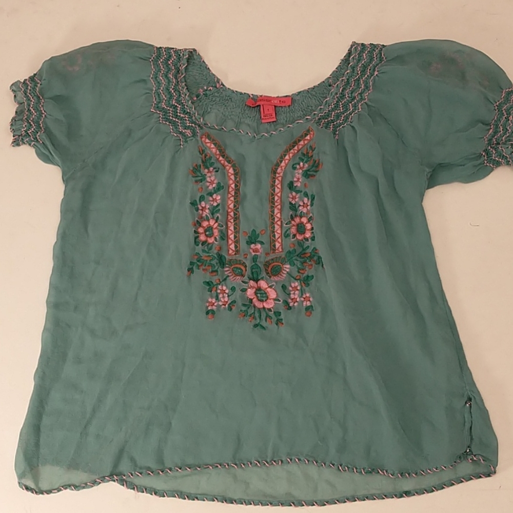 2 Silk Tops Aqua SS Peasant & Button Front Lon Slv - Picture 11 of 14